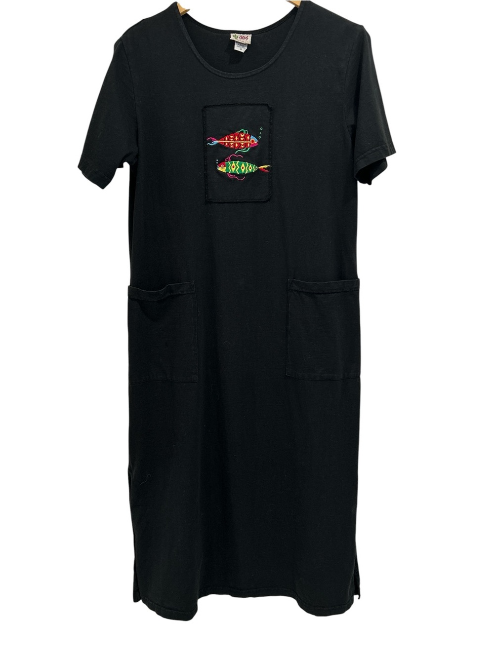 Cactus California Vintage 90s Embroidered Fish Black T-Shirt Dress - Medium